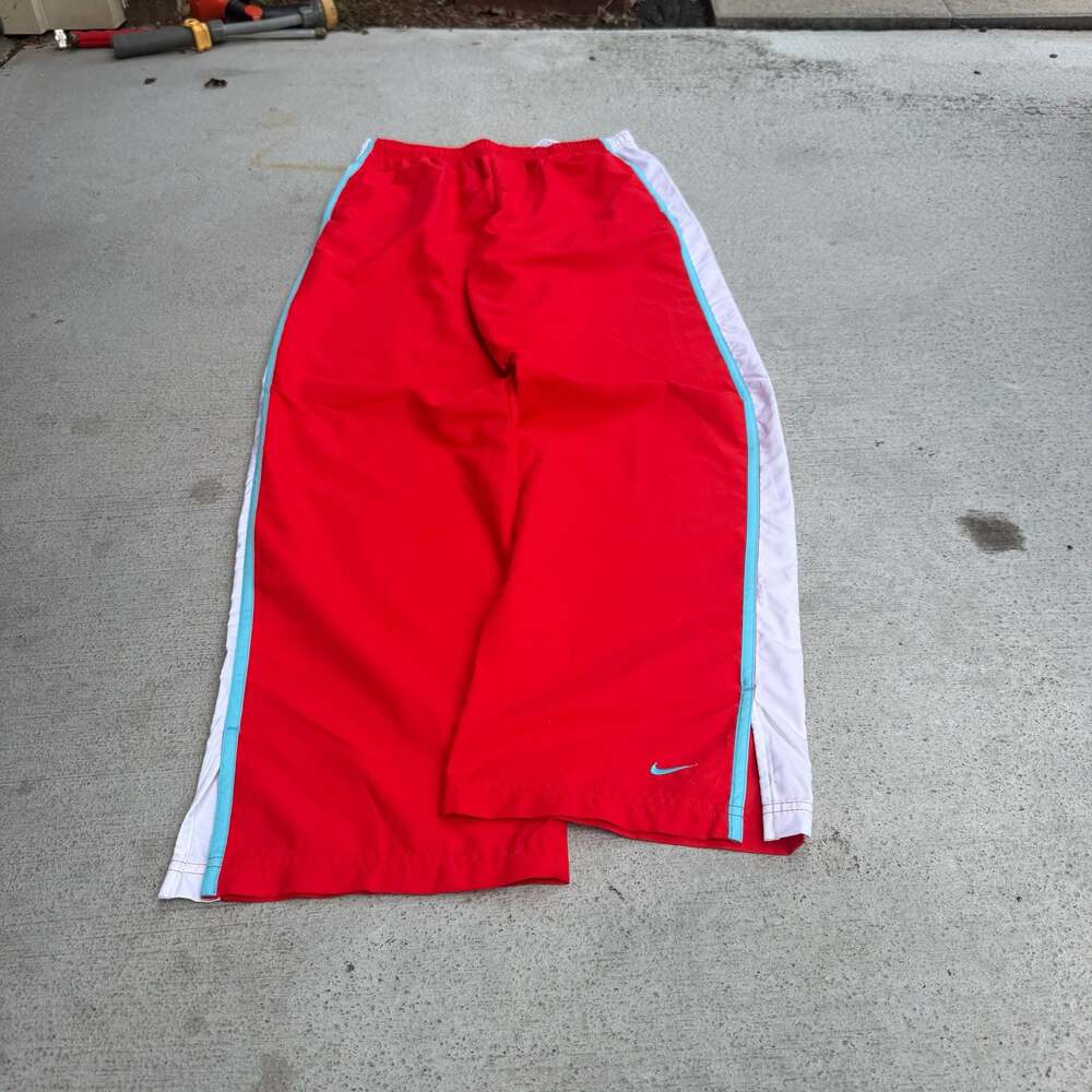 Nike Vintage Red Track Pants White and Blue Side Stripe Small Swoosh M (8-10)